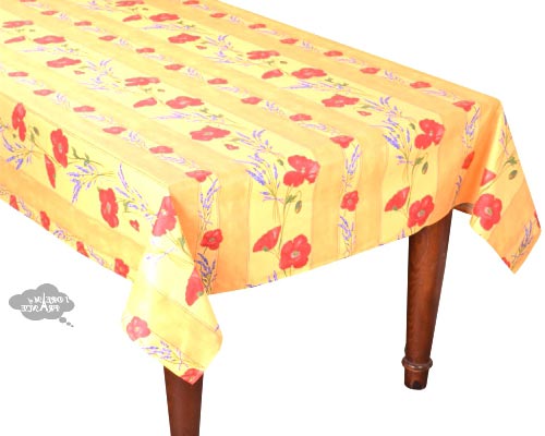 60x120". Rectangular Poppies Yellow Acrylic Coated Cotton Tablecloth by Tissus Toselli.