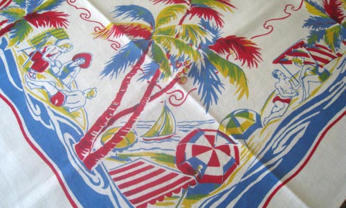 Vintage Tablecloth Beach Ocean Palm Trees TC005.