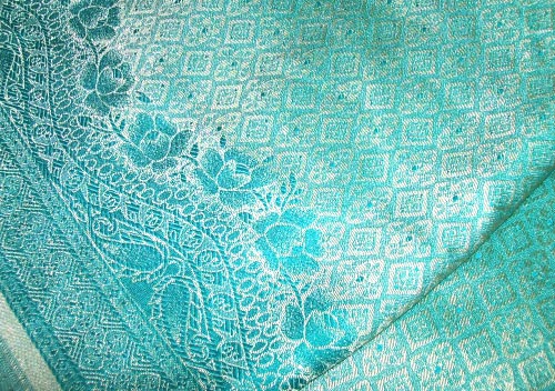 Vintage turquoise brocade tablecloth fabric by BlueSkyLane.