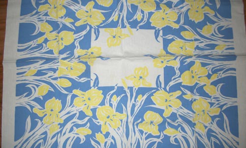 Vintage blue and yellow floral tablecloth by threebearscottage.