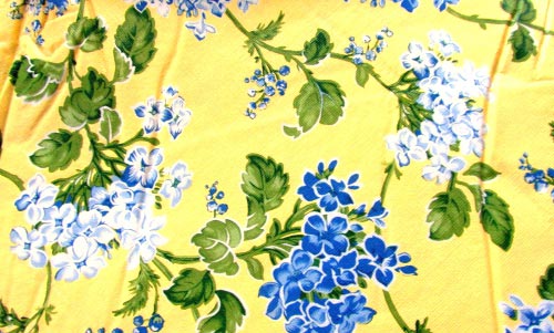 Vintage Vinyl Retro Yellow and Blue Floral Print Tablecloth.