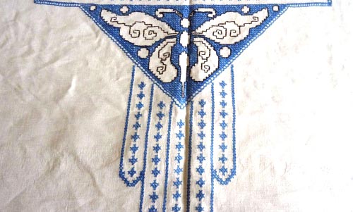 Very Large Vintage Blue Butterfly Embroidered Tablecloth.