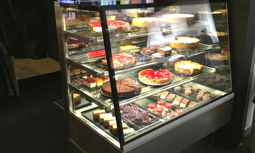 Cake Tower, Refrigerated cake display cases.