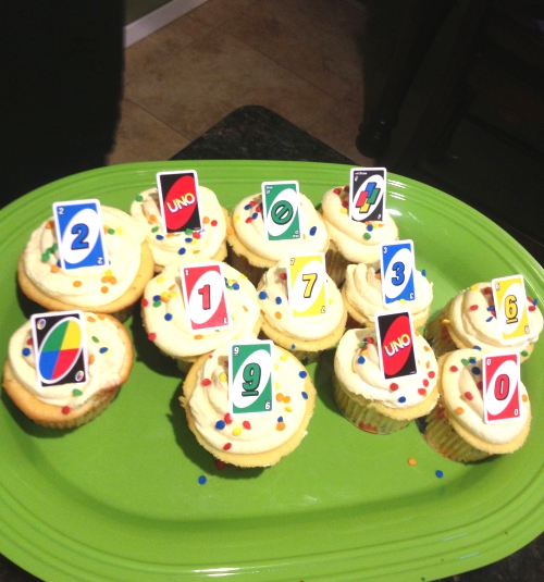 First birthday UNO cupcakes. Mini uno cards from party.