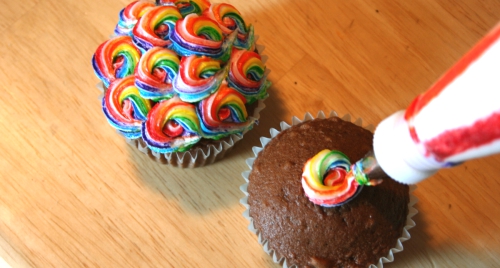 Colorful swirled cupcakes.