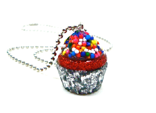 Red velvet cupcake necklace food jewelry candy resin.