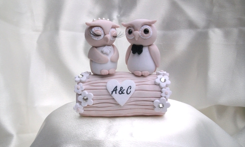 Cute wedding cake toppers owl bride groom light pink.