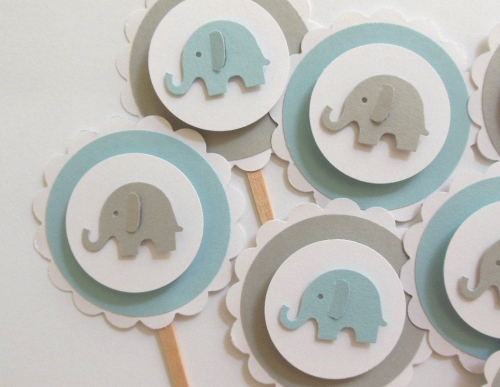 Elephant Cupcake Toppers Blue Gray and White Boy Baby.