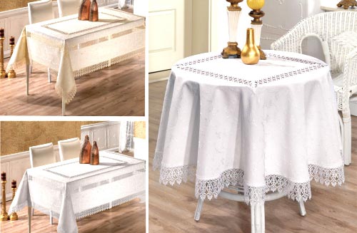 Round Rectangular Luxury Tablecloths in White Cream Lace Edges and Lace Inserts.