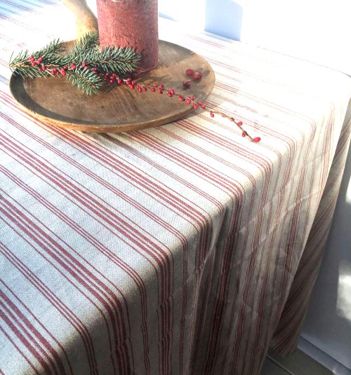 French Ticking tablecloth, Striped Linen Tablecloth, Red.