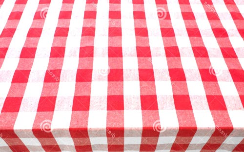 Table Top View Covered By Red Gingham Tablecloth Stock Photo.