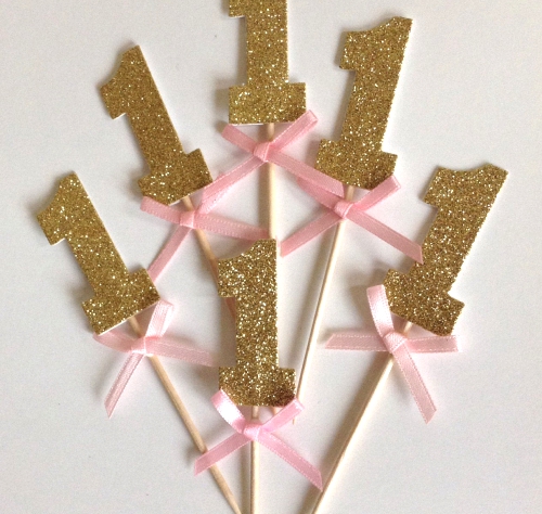 12 x Gold Glitter Number One Cupcake Toppers with Pink Bow.