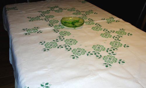 Beautiful Irish Linen Tablecloth with Green C Embroidery.