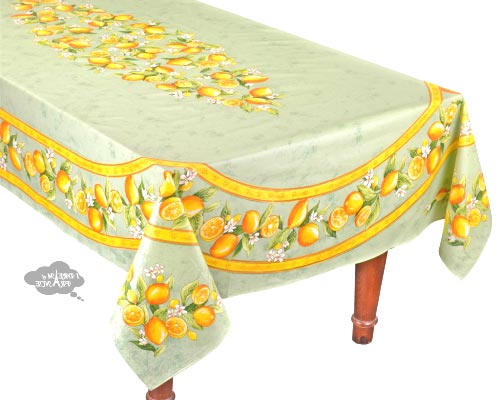 60x 96". Rectangular Lemons Green Coated Cotton Tablecloth by Tissus Toselli.