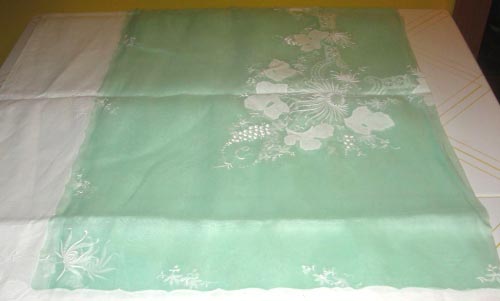 Mint Green Semi-sheer Appliqued and Embroidered Tablecloth with Napkins.