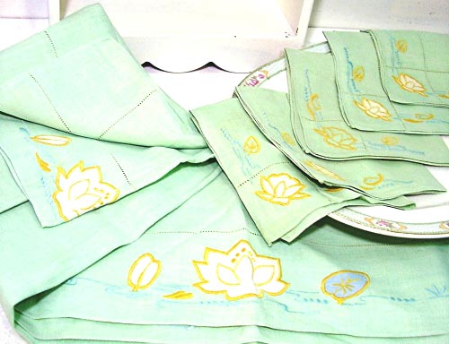 Vintage Table Linens Mint Green Yellow Lotus by.