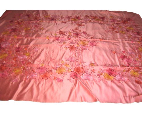 Vintage Pink Satin Tablecloth with Multi-Colored.