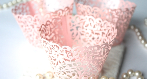 Pink Cupcake Wrappers for MINI or Standard Cupcakes, Shimmer Blush Pink Lace Filigree Cupcake Liners, Laser Cut Wrapper Liner.