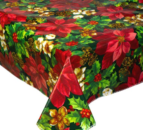 Red Poinsettia Christmas PVC Tablecloth Festive Floral.