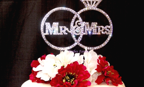 Gorgeous Mr & Mrs Real Rhinestone Rings Wedding Cake Topper.
