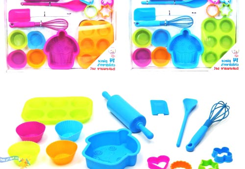 14 Piece Childrens Silicone Bakeware Baking Set Cupcake Cake Cutters Cookie Moulds.