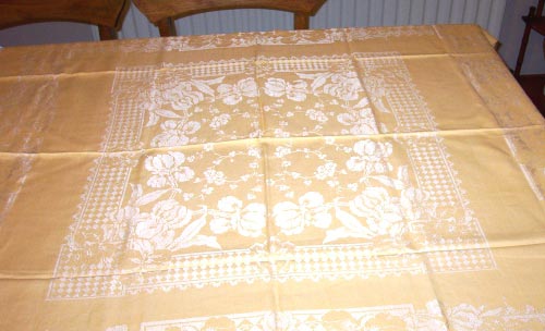Vintage tablecloth. Large rectangle yellow tablecloth.