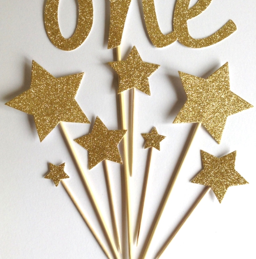 Gold 1st Birthday Cake Toppers Gold Glitter ONE & Star Cake.