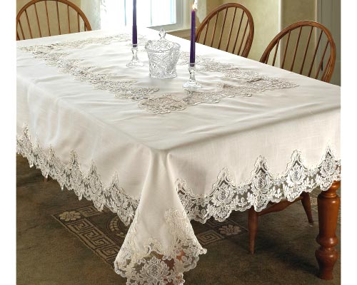 Violet Linen Imperial Embroidered Vintage Lace Tablecloth.