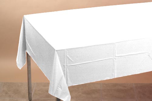 Disposable White Paper and Plastic Tablecloths.