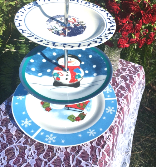 Snowman Christmas Blue Holiday Three Tier Dessert Serving.