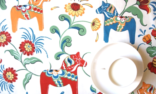 Tablecloth beige red orange blue Dala Horses Scandinavian.