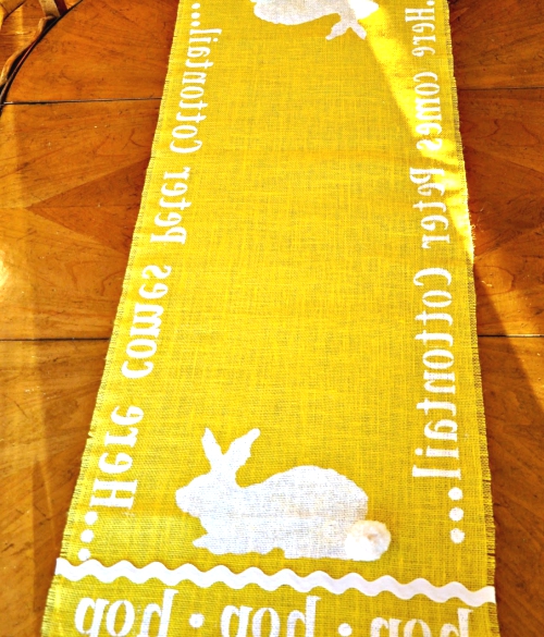 Serendipity Refined Blog. Stenciled Burlap Bunny Table.