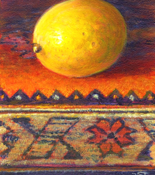 Ruth Van Egmond. SOLD Meyer lemon on a Dutch table cloth.