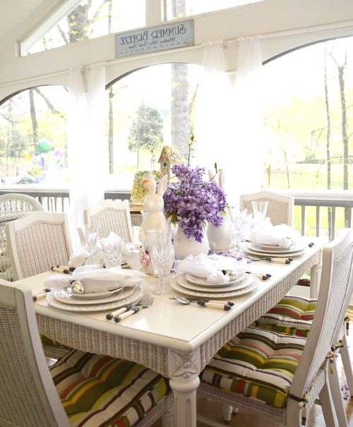 Easter Tablescapes Table Settings with Wisteria and Bunny.