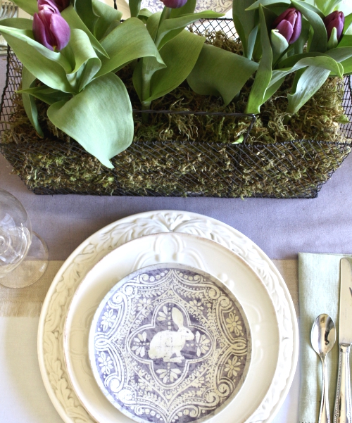 Easter Table with Purple Tulips and Pottery Barn Plates.