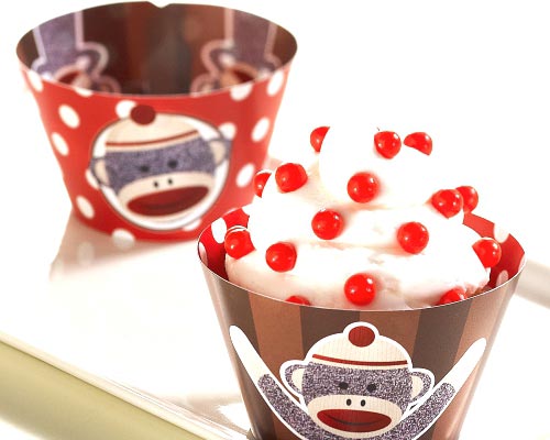 Sock Monkey Red Reversible Cupcake Wrappers.