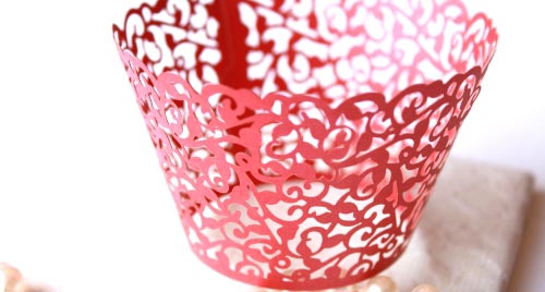 Red Lace Filigree Cupcake Wrappers for MINI or Standard.