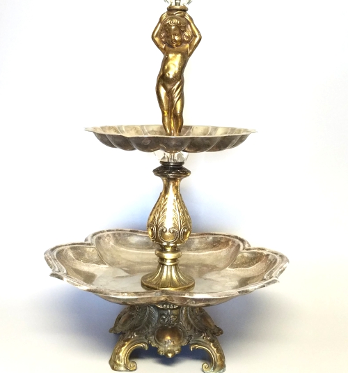 Antique Tiered Tray Stand Silver Plated with Br Cherub.