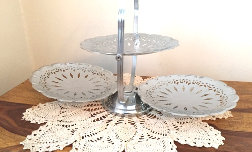 Vintage Three-Tiered Silver Cookie Tray Display.