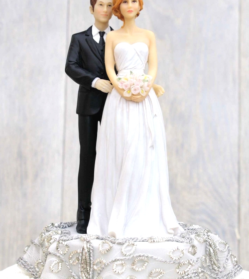 Embroidered Silver Bride and Groom Wedding Cake Topper.